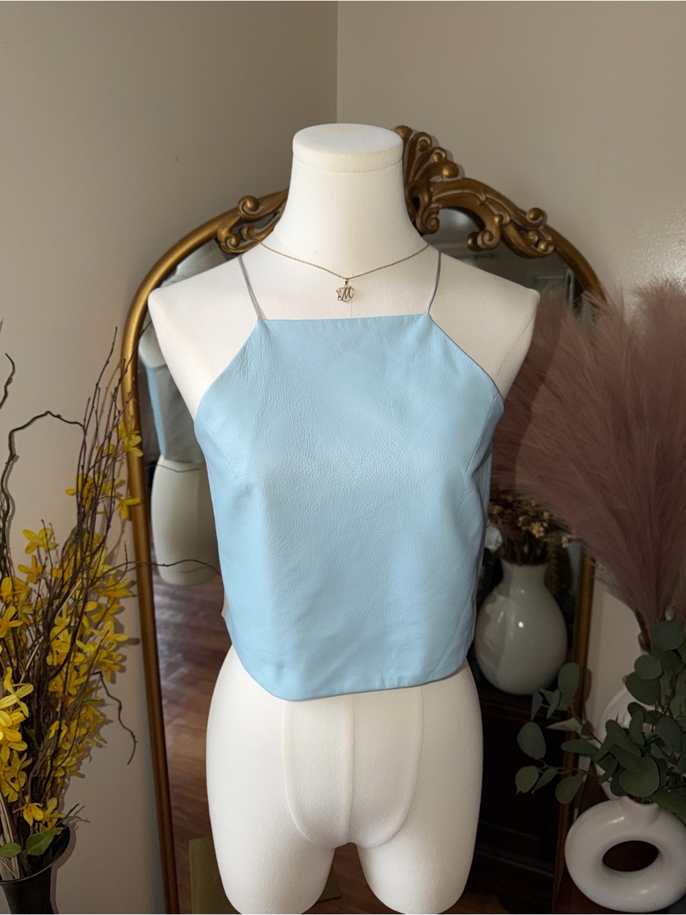 CAMI 100% silk/100% leather baby blue and grey  top NWOT